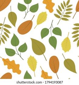 Hojas de otoño. Patrón sin foco. Ilustración vectorial plana aislada sobre fondo blanco oscuro.