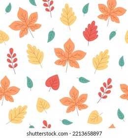El otoño deja un patrón impecable. Folliage otoñal, hora del otoño. Diseño para tela, textil, papel envolvente. Ilustración vectorial dibujada por mano