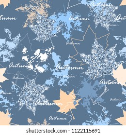 Autumn leaves seamless pattern with gold glitter texture and maple leaf imprints. Stylish background, Silver and blue palette. Vector illustration