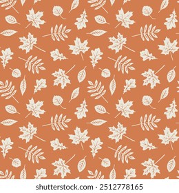 Autumn leaves seamless pattern. Graphic background with fall elements. Hand drawn illustration. One color wallpaper art.