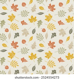 Autumn leaves seamless pattern. Graphic background with fall elements. Hand drawn illustration. Colorful wallpaper art.