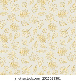 Autumn leaves seamless pattern. Graphic background with fall elements. Hand drawn doodle illustration. Line art wallpaper art.