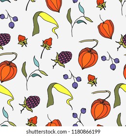 Autumn leaves seamless pattern. Hand drawn leaves, berries. Vector illustration.