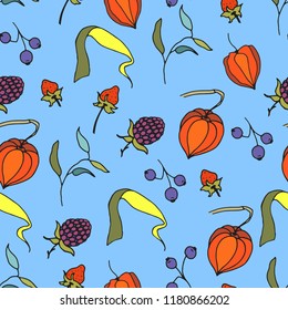 Autumn leaves seamless pattern. Hand drawn leaves, berries. Vector illustration.