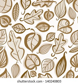 Autumn leaves seamless pattern, hand drawn monochrome vector background.