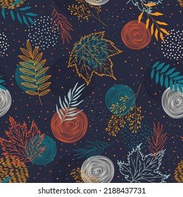 Autumn leaves seamless pattern. Hand drawn leaf silhouettes with doodle textures. Natural elements in multicolors, background for fall design. Vector illustration