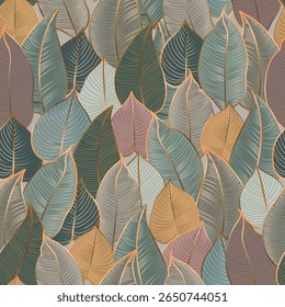 Patrón de hojas de otoño sin fisuras. Ilustración vectorial de fondo de hoja de otoño. Fondo de pantalla botánico Abstractas dibujado a mano con hojas de arte de línea para estampados, decoración del hogar, diseño textil, tela. No es IA