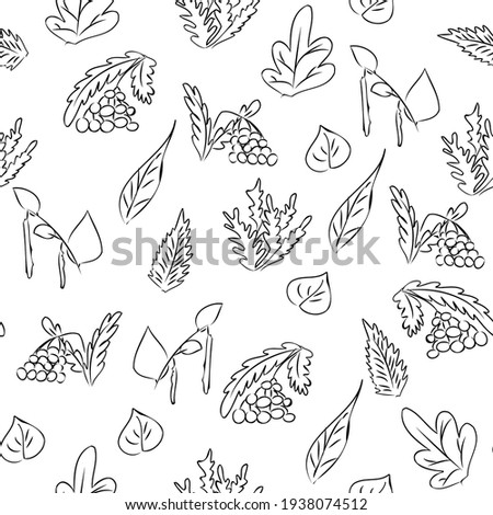 Autumn leaves seamless pattern. leaf fall, mountain ash, birch. black and white drawing. outline, sketch, doodle. print for fabric, design of curtains, bed linen. Background, wallpaper. Cover design. 