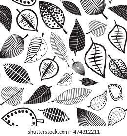 Autumn leaves seamless pattern   made in vector. Black and white variant for print, label element, package.