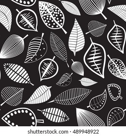 Autumn leaves seamless pattern   made in vector. Black and white version for print, label element, package.
