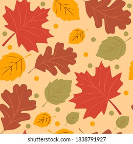 autumn leaves seamless pattern with maple, oak and linden tree leaf. Fall background or wallpaper. Vector elements for cozy design. Seasonal colorful ornament for textile, fabric