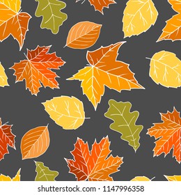 Autumn leaves seamless pattern on gray background for wallpapers, textiles, papers, fabrics, web pages. Leaf ornament, vintage style.