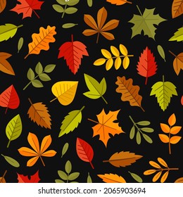 Autumn Leaves Seamless Pattern on Black Background. Vector