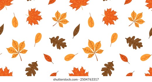 Autumn leaves seamless pattern on white background. Flat vector illustration