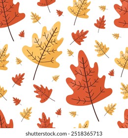 Autumn leaves seamless pattern on white background. Cute yellow and orange leaves in seasonal fall concept. For cards, prints, autumn decor.