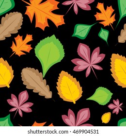 Autumn leaves seamless pattern on black background