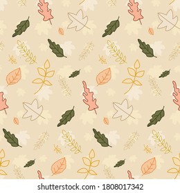 El otoño deja un patrón sin fisuras en color tierra pastel. Puede utilizarse para imprimir, plantillas, tela, presentación, textil, banner, afiche, papel tapiz, papel digital, scrapbook, descarga instantánea