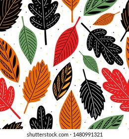 Autumn leaves seamless pattern for print, textile, fabric. Hand drawn devorative leaves background.