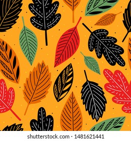 Autumn leaves seamless pattern for print, textile, fabric. Hand drawn devorative leaves background.