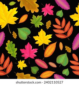 Autumn leaves seamless pattern. Realistic colorful fall leaf falling, black background vector print