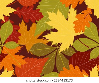 Autumn leaves seamless pattern. Repeating design element for printing on fabric. Fall season foliage. Orange and green leaf. Natural and organic plants. Cartoon flat vector illustration