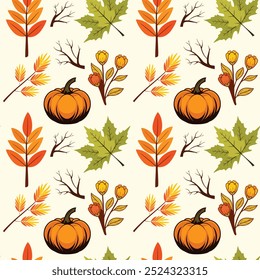 Autumn Leaves Seamless Pattern, Repeating Vector Texture
