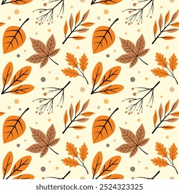 Autumn Leaves Seamless Pattern, Repeating Vector Texture