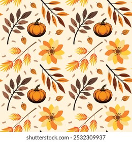 Autumn Leaves Seamless Pattern, Repeating Floral Patterns Vector Texture