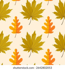 Autumn leaves seamless pattern. Rustic fall foliage for classic seasonal decor. 