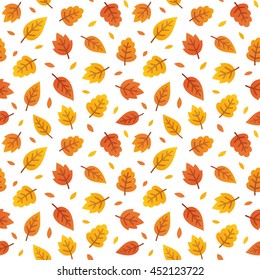 Autumn leaves seamless pattern. Scattered colorful yellow and orange leaves on white background. Vector illustration.