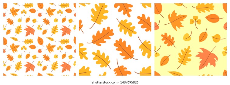 Autumn leaves. Seamless pattern set. Vector yellow and orange leaf. Scrapbook, gift wrapping paper, textiles. Hello, october. Color background