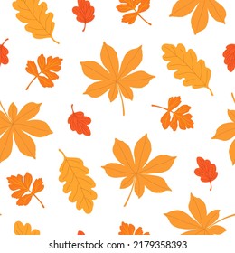 Autumn leaves seamless pattern, simple vector minimalist concept flat style illustration, orange hand drawn natural floral ornament for invitations, textile, gift paper, autumn holiday decor