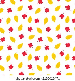 Autumn leaves seamless pattern, simple vector minimalist concept flat style illustration, yellow, red hand drawn natural floral ornament for invitations, textile, gift paper, autumn holiday decor