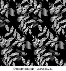 Autumn leaves seamless pattern with stripes and dot pattern. Gradient effect vector pattern with black and white design.