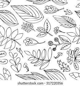 Autumn leaves. Seamless pattern of autumn trees, leaves, twigs. Drawing with pen and ink, for printing on fabric, wrapping paper and textiles.Black and white pattern