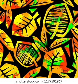 Autumn leaves seamless pattern. Trendy painted style texture,bright  print with different doodle elements.