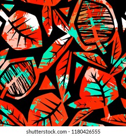 Autumn leaves seamless pattern. Trendy painted style texture,bright  print with different doodle elements.