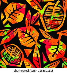 Autumn leaves seamless pattern. Trendy painted style texture,bright  print with different doodle elements.