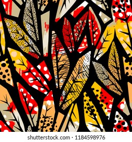 Autumn leaves seamless pattern. Trendy painted style texture,bright  print with different doodle elements.