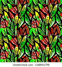 Autumn leaves seamless pattern. Trendy painted style texture,bright  print with different doodle elements.