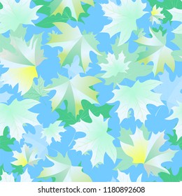 Autumn leaves. Seamless pattern, vector background. Yellow, purple and green maple leaves on a blue background. Design for wallpaper, fabric, decoration materials, labels, wrappers.
