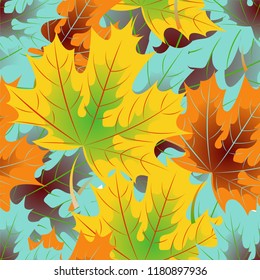Autumn leaves. Seamless pattern, vector background. Yellow, blue, green and red maple leaves. Design for wallpaper, fabric, decoration materials, labels, wrappers.