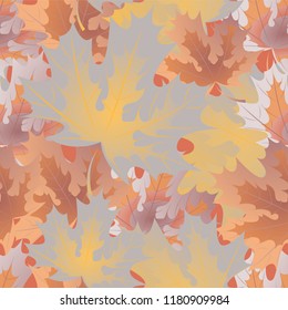Autumn leaves. Seamless pattern, vector background. Yellow, red and purple maple leaves on a blue background. Design for wallpaper, fabric, decoration materials, labels, wrappers.