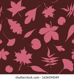 Autumn leaves seamless pattern in vector. Seamless pattern with pink leaves on red backround. Flat color. 
