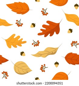 Autumn Leaves Seamless Pattern. Vector Illustration With Fallen Leaves, Acorns and Rowan. Perfect for Wrapping Paper, Packing, Textile, etc.  
