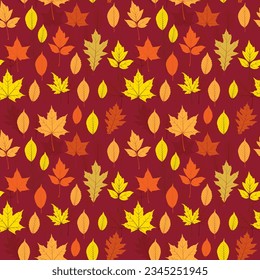 Autumn leaves seamless pattern, vector fall illustration. Red, yellow, and brown leaf background. Back to school design