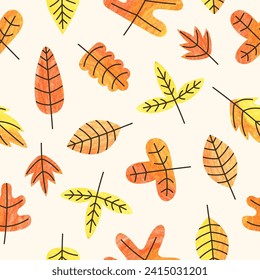 Autumn leaves seamless pattern. Vector colorful fall background with abstract cartoon leaves