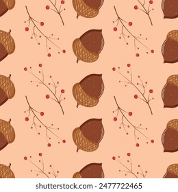 Autumn leaves seamless pattern vector in hand drawn style, brown acorn and rowanberry