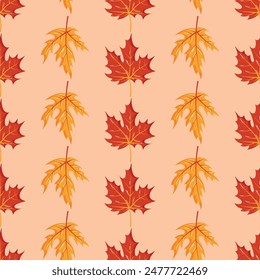 Autumn leaves seamless pattern vector in hand drawn style, yellow and red maple leaves