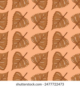 Autumn leaves seamless pattern vector in hand drawn style, brown and yellow birch leaves